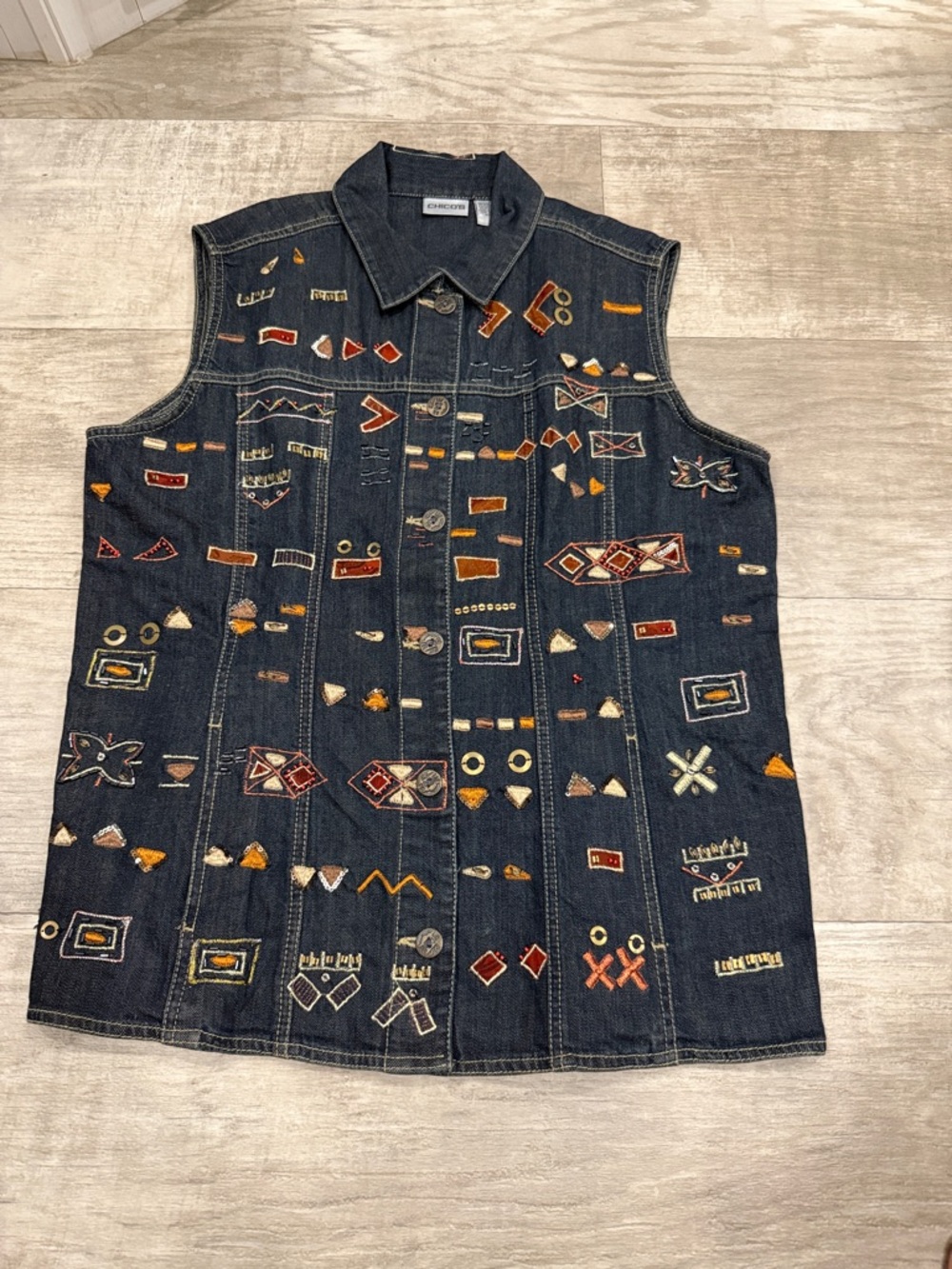 Chico's Dark Indigo Embroidered Denim Vest with Multicolor Accents
